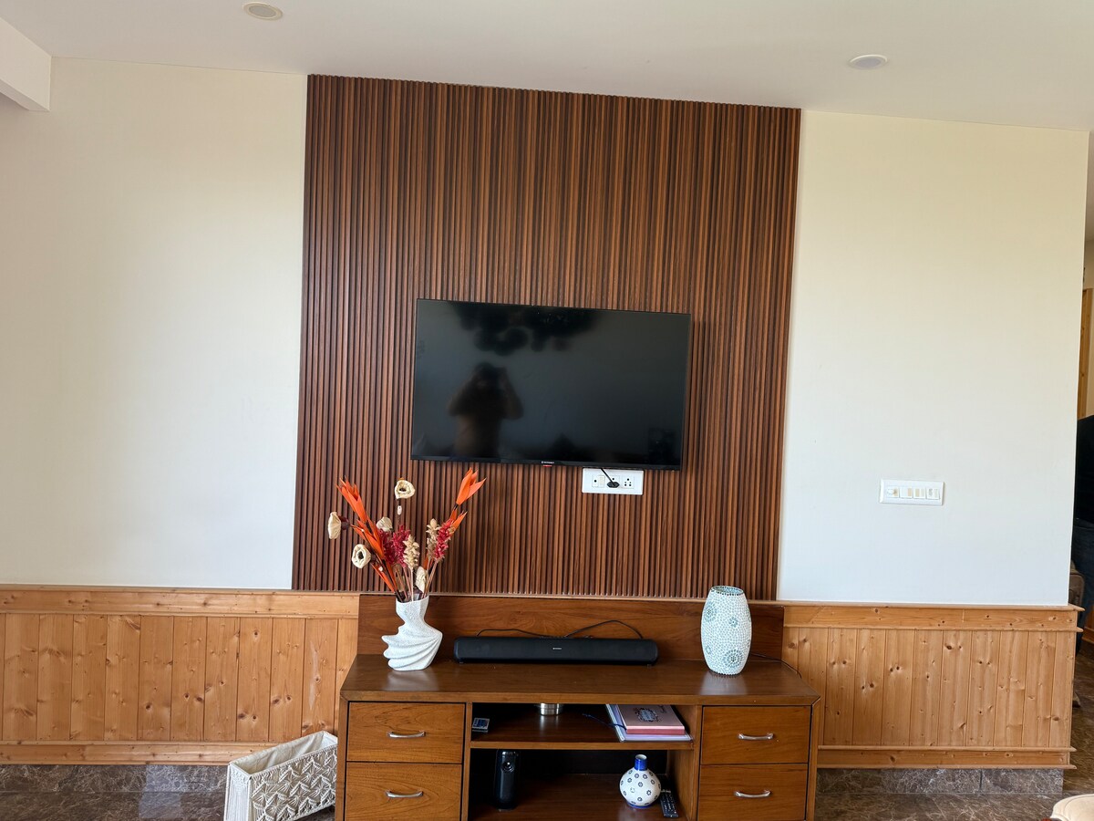 Living room with wood accent wall and TV