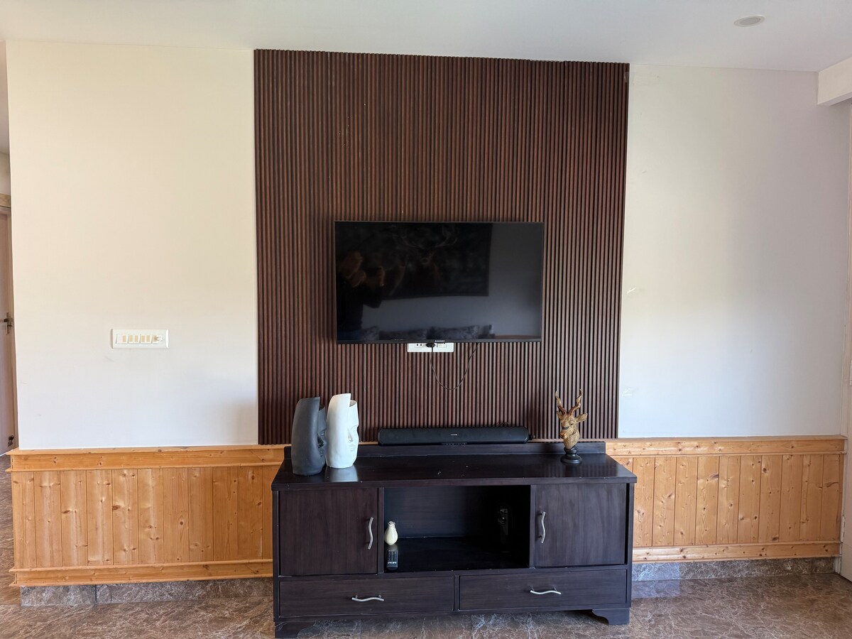 Living room with wood accent wall and TV